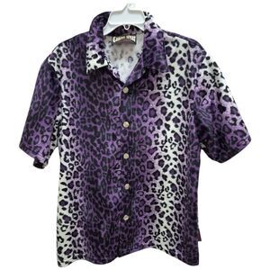 Vintage Mens Casino Wear Purple Rock-A-Billy Leopard Dice Shaped Button Shirt Xl